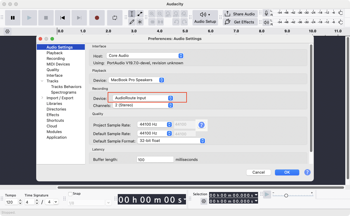 AudioRoute Input listed as a recording device in Audacity preferences