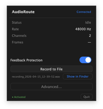 AudioRoute menu bar app — record to file